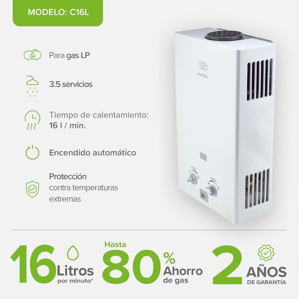Calentador de Agua Instantáneo GAS LP Boiler de Paso Capacidad 16 Litros por Minuto Avera